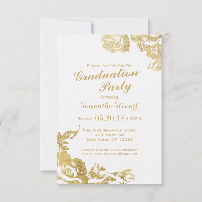 Invitación Elegante Graduación de oro floral simple y moderno (Anverso)