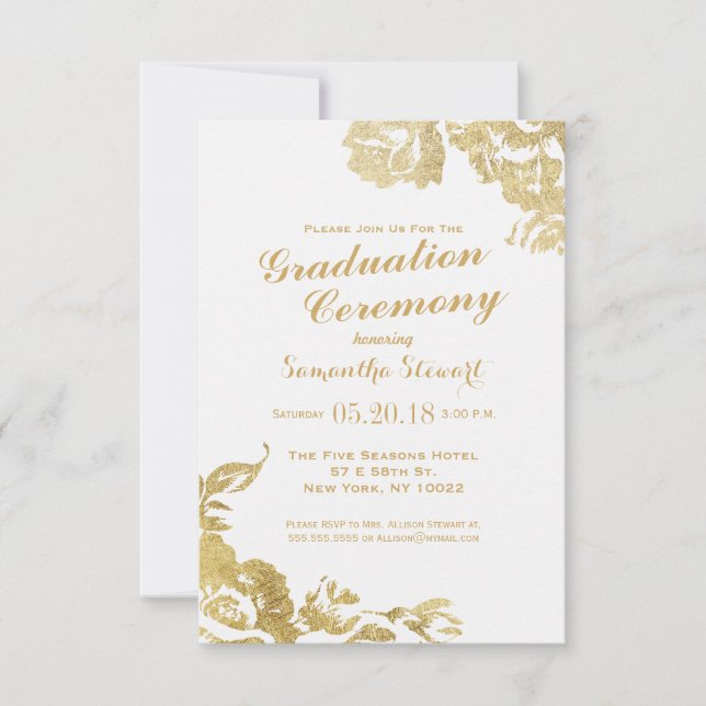 Invitación Elegante Graduación de oro floral simple y moderno (Anverso)
