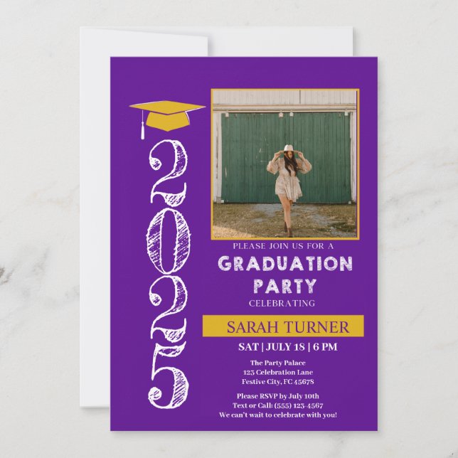 Invitación Elegante graduación de oro morado y amarillo (Anverso)