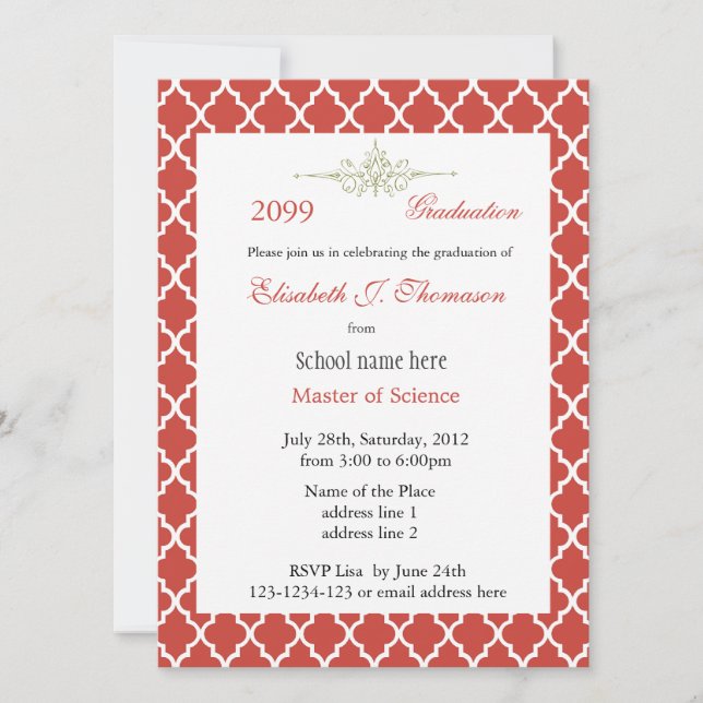 Invitación Elegante graduación de patrón de quatrefoil rojo (Anverso)