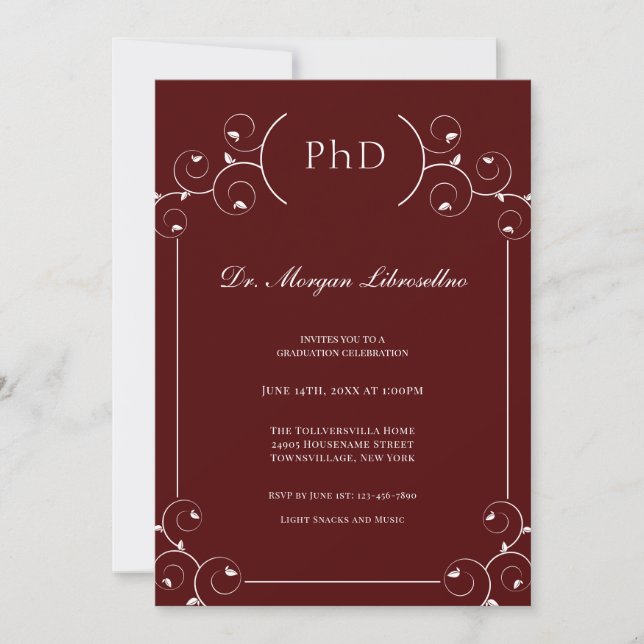 Invitación Elegante graduación de PhD en Borgoña (Anverso)