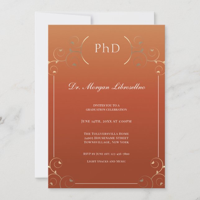 Invitación Elegante Graduación de PhD Naranja quemado (Anverso)