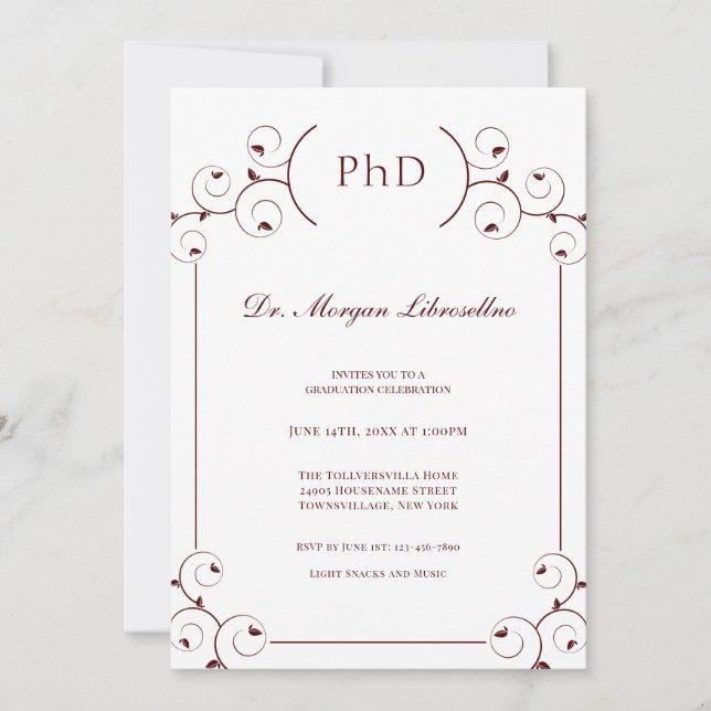 Invitación Elegante graduación de PhD White Burgundy (Anverso)