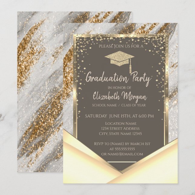Invitación Elegante Graduación de pincel de Purpurina de oro (Anverso / Reverso)