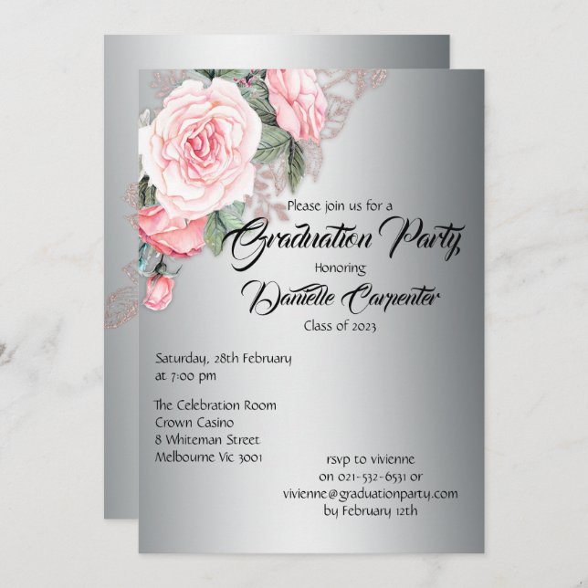 Invitación Elegante graduación de Plata y Floral Rosa (Anverso / Reverso)