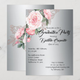Invitación Elegante graduación de Plata y Floral Rosa