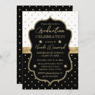 Invitación Elegante graduación de puntos de polka blanco y ne