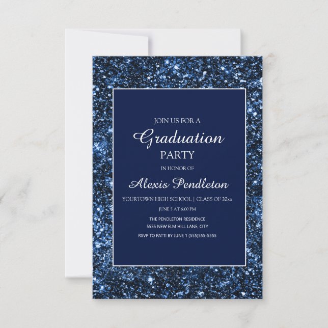 Invitación Elegante graduación de Purpurina azul de la Marina (Anverso)