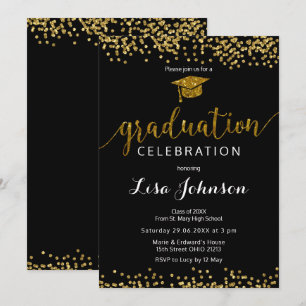 Invitación Elegante Graduación de Purpurina de espuma negra y