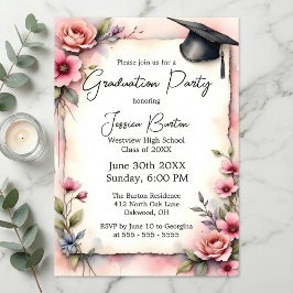 Invitación Elegante Graduación de Rosas Florales en Acuarela 