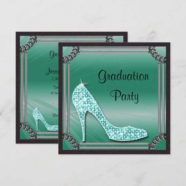 Invitación Elegante Graduación de Stiletto Verde azulado con  (Anverso / Reverso)
