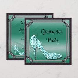 Invitación Elegante Graduación de Stiletto Verde azulado con 