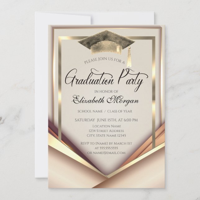 Invitación Elegante Graduación de tapón de marco dorado (Anverso)