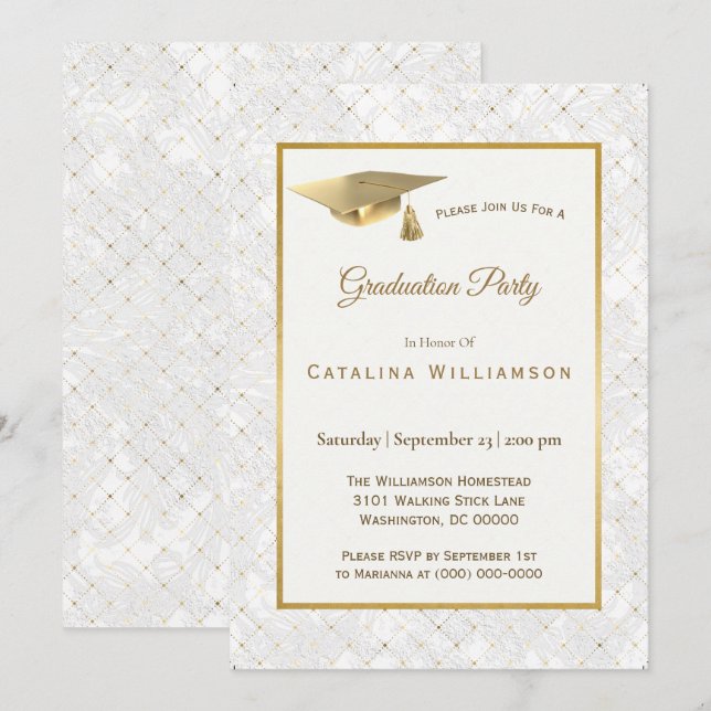 Invitación Elegante Graduación de tapón de oro (Anverso / Reverso)