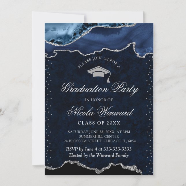Invitación Elegante Graduación del Agate de Mármol Azul y Pla (Anverso)