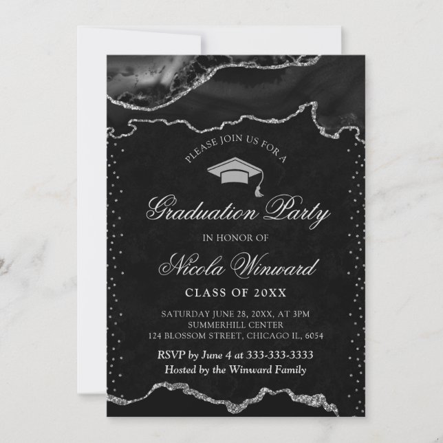 Invitación Elegante Graduación del Agate de Mármol Negro y Pl (Anverso)