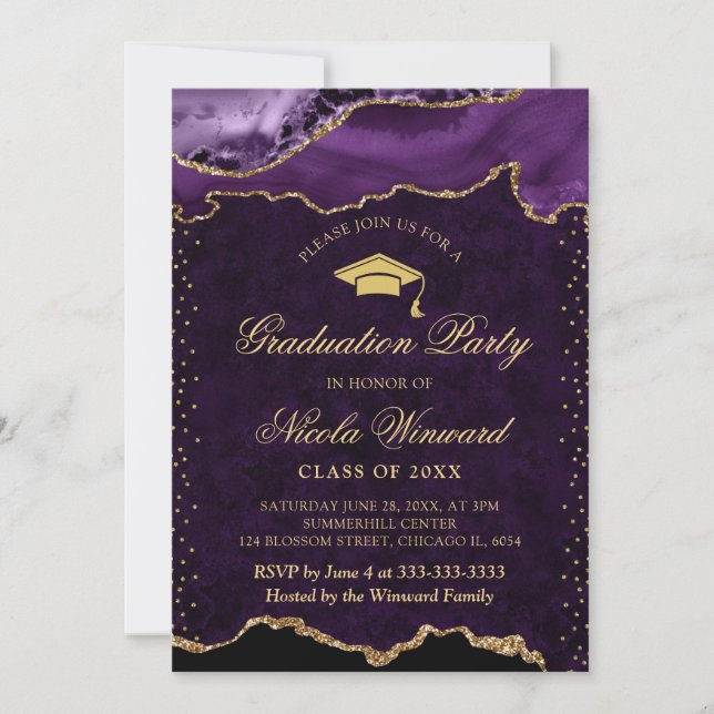Invitación Elegante Graduación del Agate de Mármol Púrpura y  (Anverso)