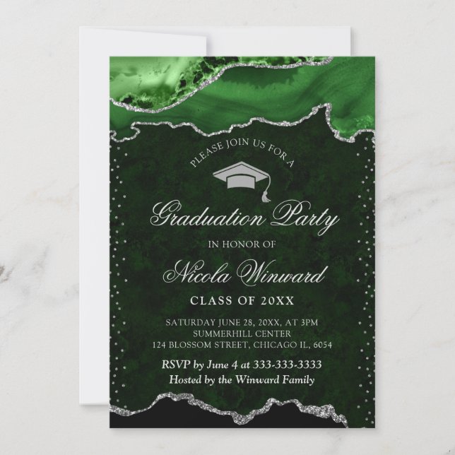 Invitación Elegante Graduación del Agate de Mármol Verde y Pl (Anverso)