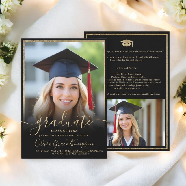 Invitación Elegante Graduación del guión de la foto del oro n (Elegant Black Gold Photo Script Graduation Invitation)