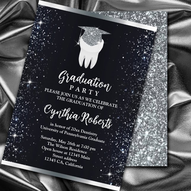 Invitación Elegante Graduación Dental con Espuma de Plata Neg (Elegant Black Silver Sparkle Dental Graduation Invitation. #graduationparty #zazzlemade #orthodontia)