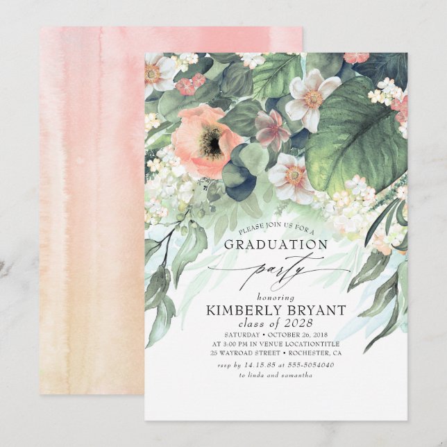 Invitación Elegante Graduación Elegante de Floral Rosa y Rosa (Anverso / Reverso)