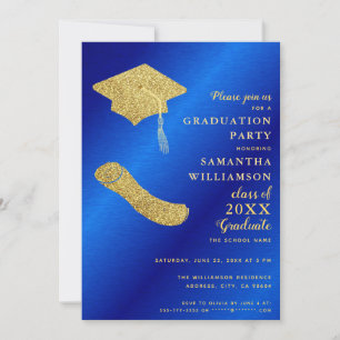 Invitación Elegante graduación en azul real y dorado