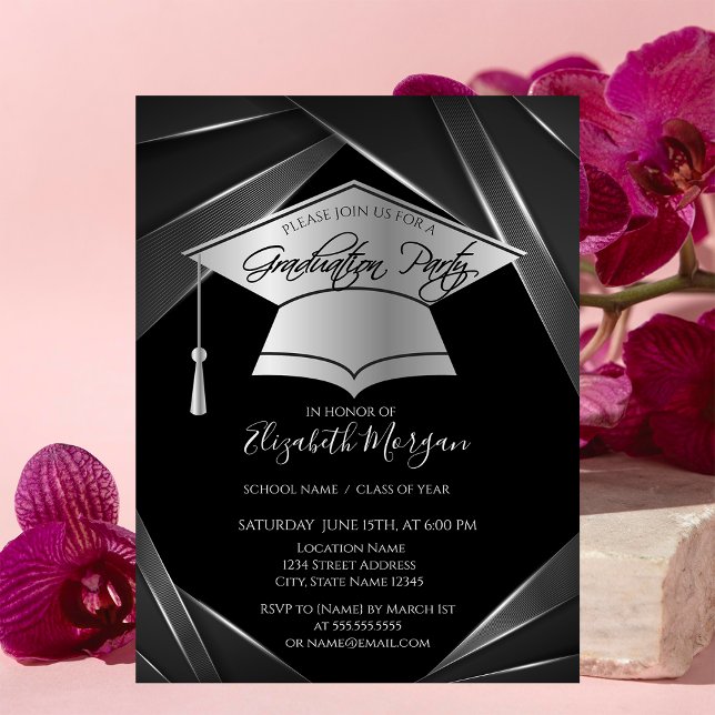 Invitación Elegante Graduación en negro de gol de plata (Subido por el creador)