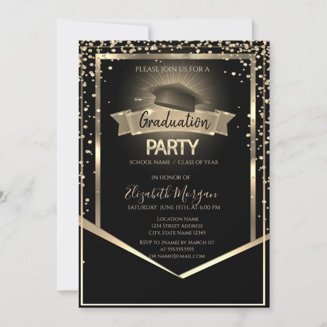 Invitación Elegante Graduación en negro de la tira de los dia (Anverso)