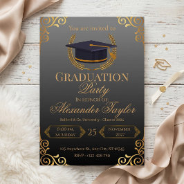 Invitación Elegante Graduación en Negro y Dorado
