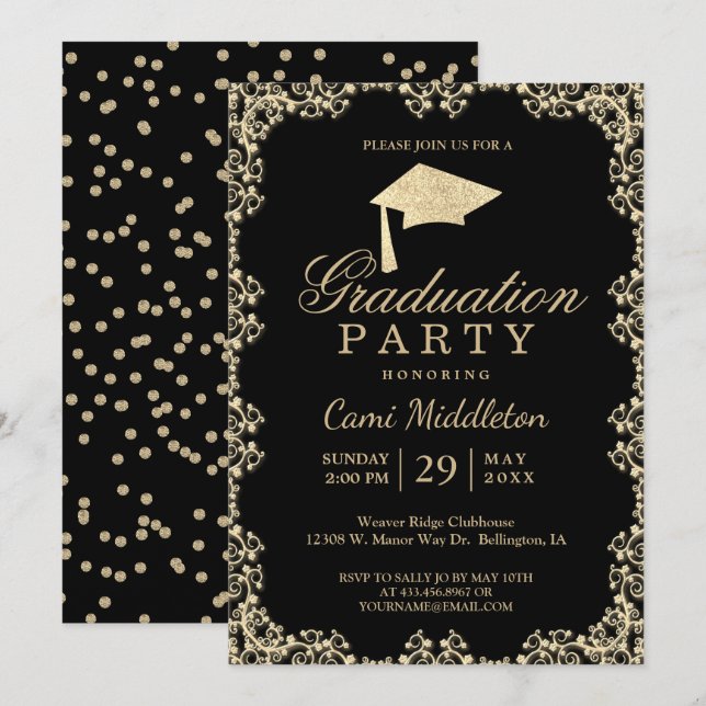 Invitación Elegante Graduación en Negro y Oro (Anverso / Reverso)