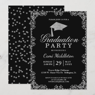Invitación Elegante graduación en negro y plata
