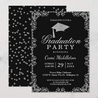 Invitación Elegante graduación en negro y plata