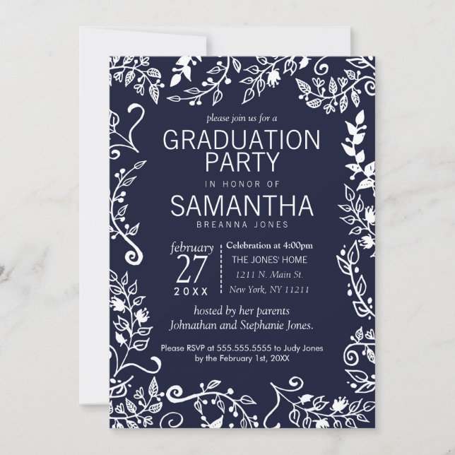 Invitación Elegante graduación floral azul y blanca de la mar (Anverso)