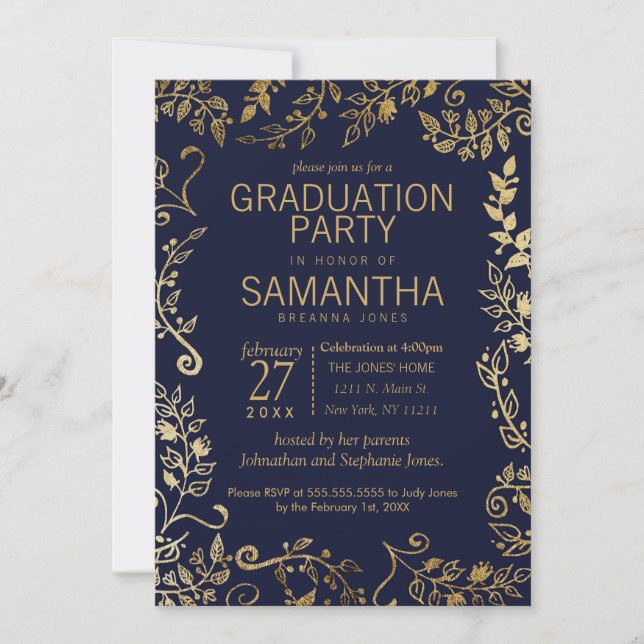 Invitación Elegante graduación floral azul y dorada de la mar (Anverso)