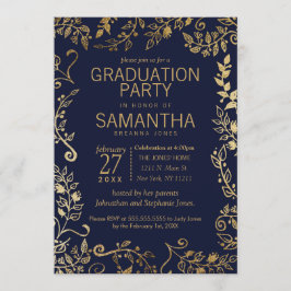 Invitación Elegante graduación floral azul y dorada de la mar