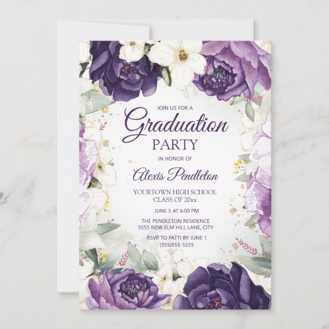 Invitación Elegante Graduación Floral Blanco Púrpura (Anverso)