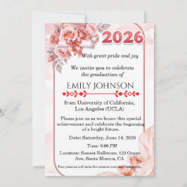 Invitación Elegante Graduación Floral de Acuarela Rosa