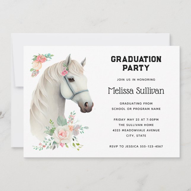 Invitación Elegante Graduación Floral de Boho de Caballo Blan (Anverso)