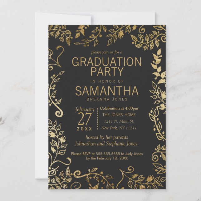 Invitación Elegante Graduación Floral de Oro Negro y Amarillo (Anverso)
