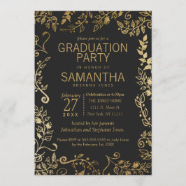 Invitación Elegante Graduación Floral de Oro Negro y Amarillo