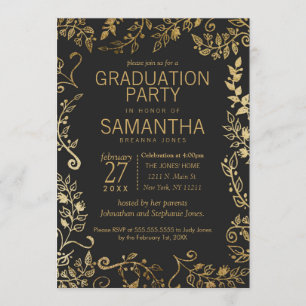 Invitación Elegante Graduación Floral de Oro Negro y Amarillo