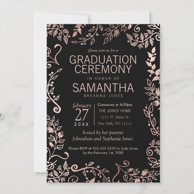 Invitación Elegante Graduación Floral de Oro Rosa Negro (Anverso)
