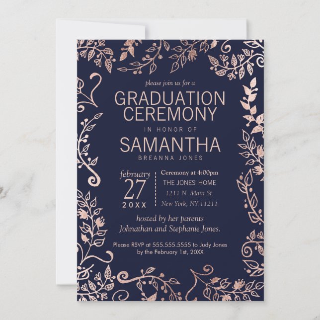 Invitación Elegante graduación floral de Rosa azul de la mari (Anverso)