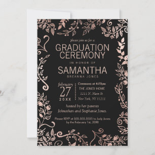 Invitación Elegante Graduación Floral de Rosa Negro