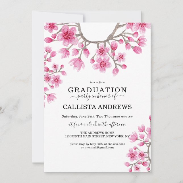 Invitación Elegante graduación floral japonesa con flores de  (Anverso)