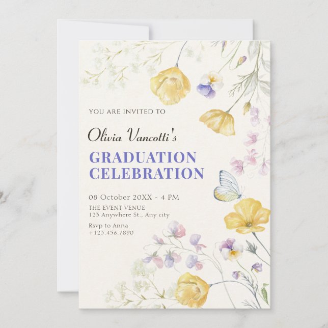 Invitación Elegante graduación floral salvaje (Anverso)