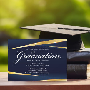 Invitación Elegante graduación formal geométrica de oro azul