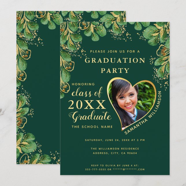Invitación Elegante Graduación Fotográfica de Floral Verde Es (Anverso / Reverso)
