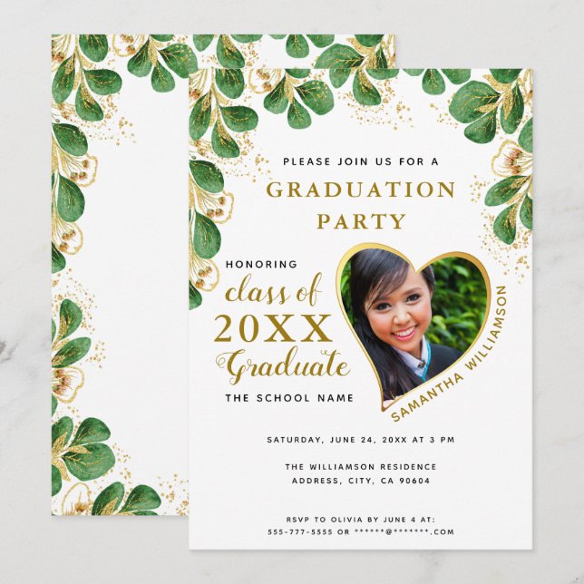 Invitación Elegante Graduación Fotográfica de Oro Verde Blanc (Anverso / Reverso)