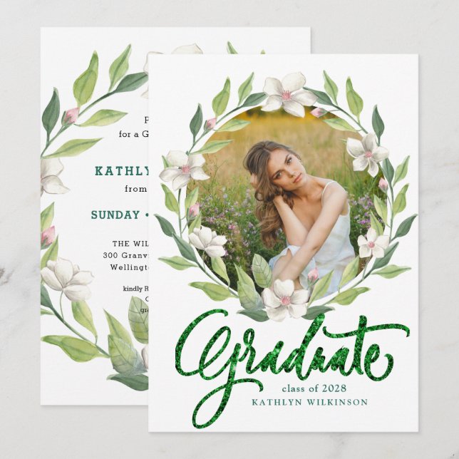 Invitación Elegante Graduación Moderna de Floral Wreath Green (Anverso / Reverso)